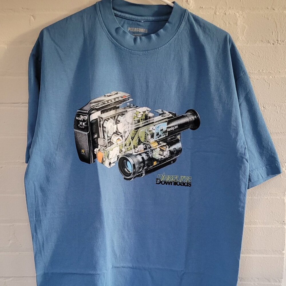 PLEASURES x DOWNLOADS Camera T-Shirt Blue Moon Large Deconstructed Camcorder Tee